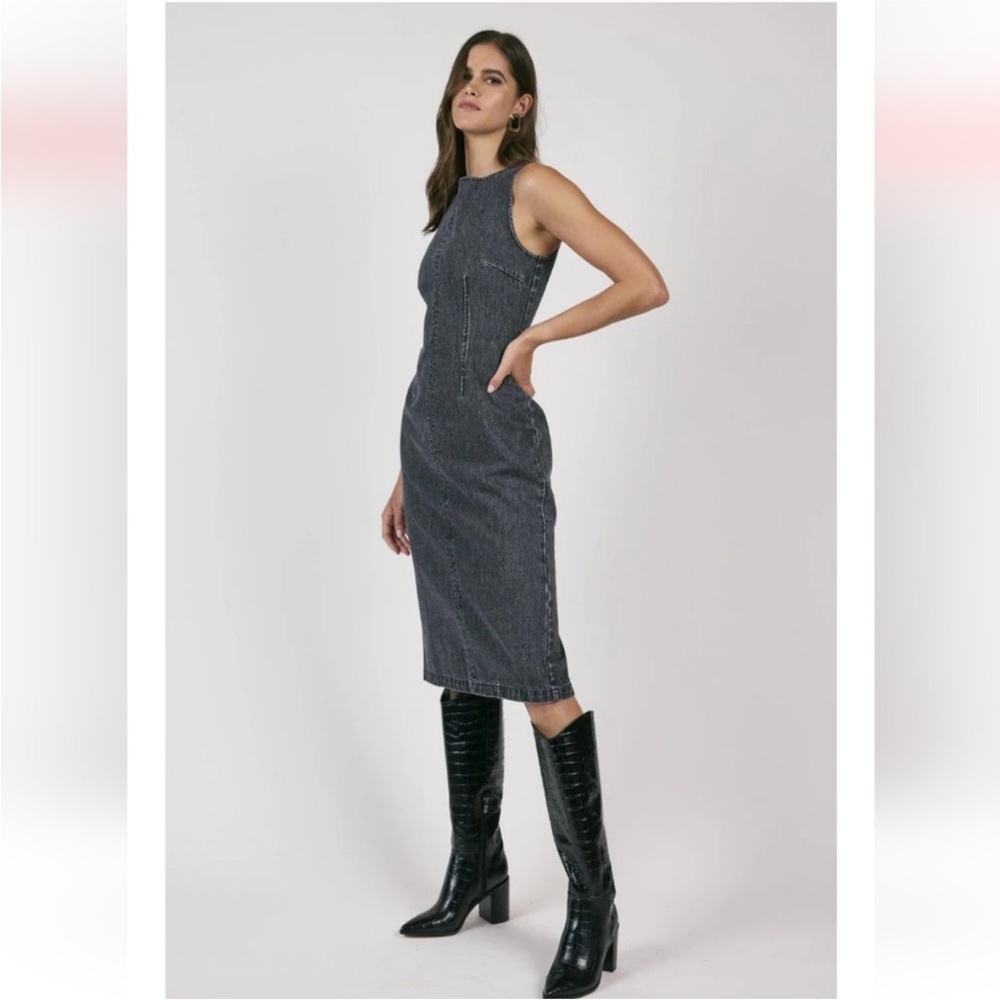 Sage The Label Black Denim Midi Dress Sleeveless Sheath Back Slit Size Small NWT - Picture 15 of 16